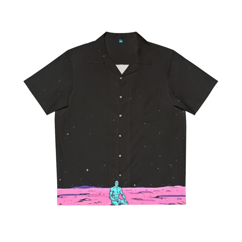 Dr Manhattan sitting on Mars in a colorful comic-inspired Hawaiian shirt