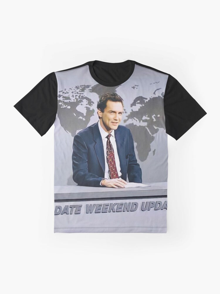 Norm Macdonald wearing a suit and tie while seated at a news desk, graphic t-shirt design - Flat lay