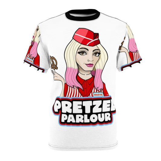 Model wearing a stylish Pretzel Parlour inspired t-shirt, featuring the character Maeve Wiley from the Netflix series Sex Education.