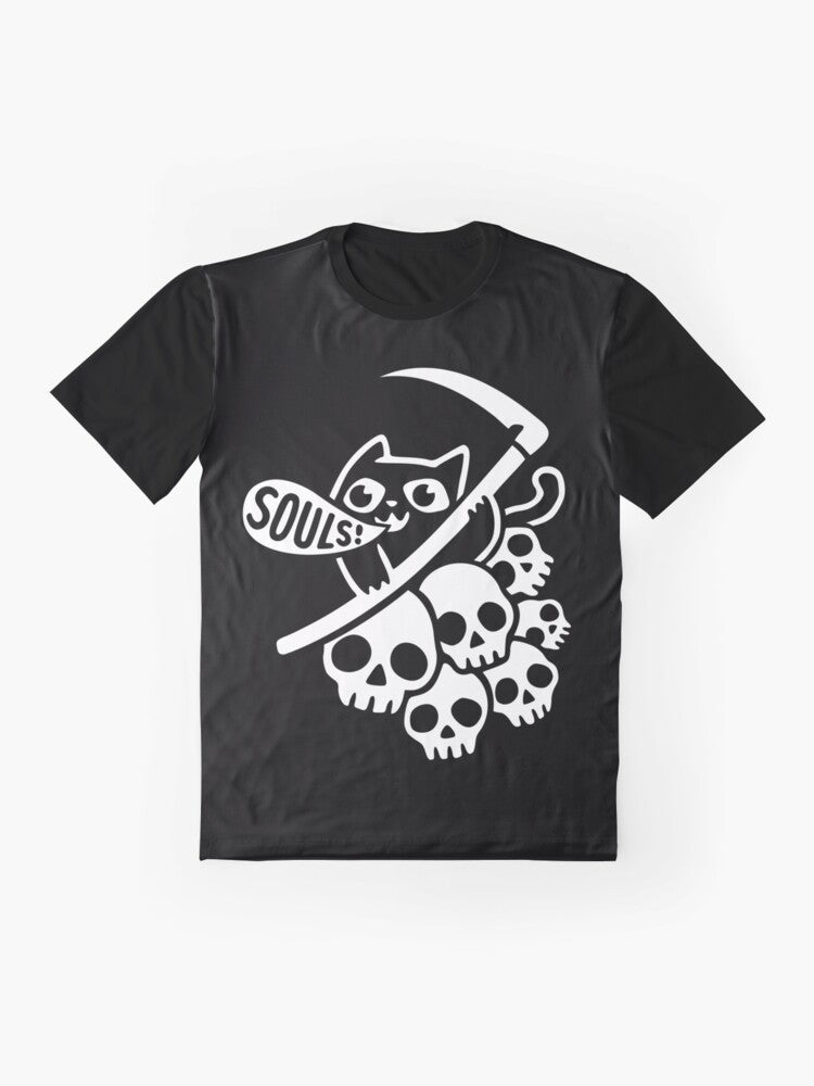 "Cat Got Your Soul?" graphic t-shirt featuring a cat and grim reaper design - Flat lay