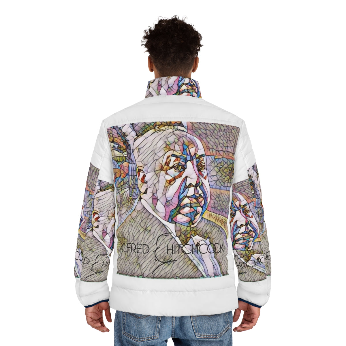 Alfred Hitchcock themed puffer jacket with horror movie and thriller design - men back