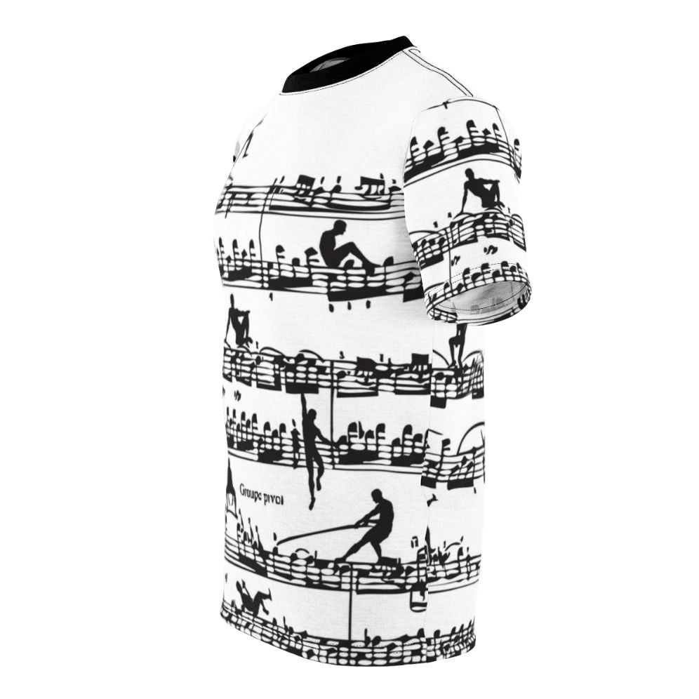 Vintage-inspired graphic t-shirt featuring a silhouette design of the classical composer Mozart with musical notes and a retro, hipster style. - men left