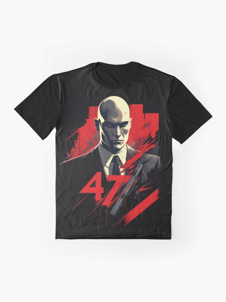 A graphic t-shirt featuring the iconic Agent 47 character from the Hitman video game series. - Flat lay