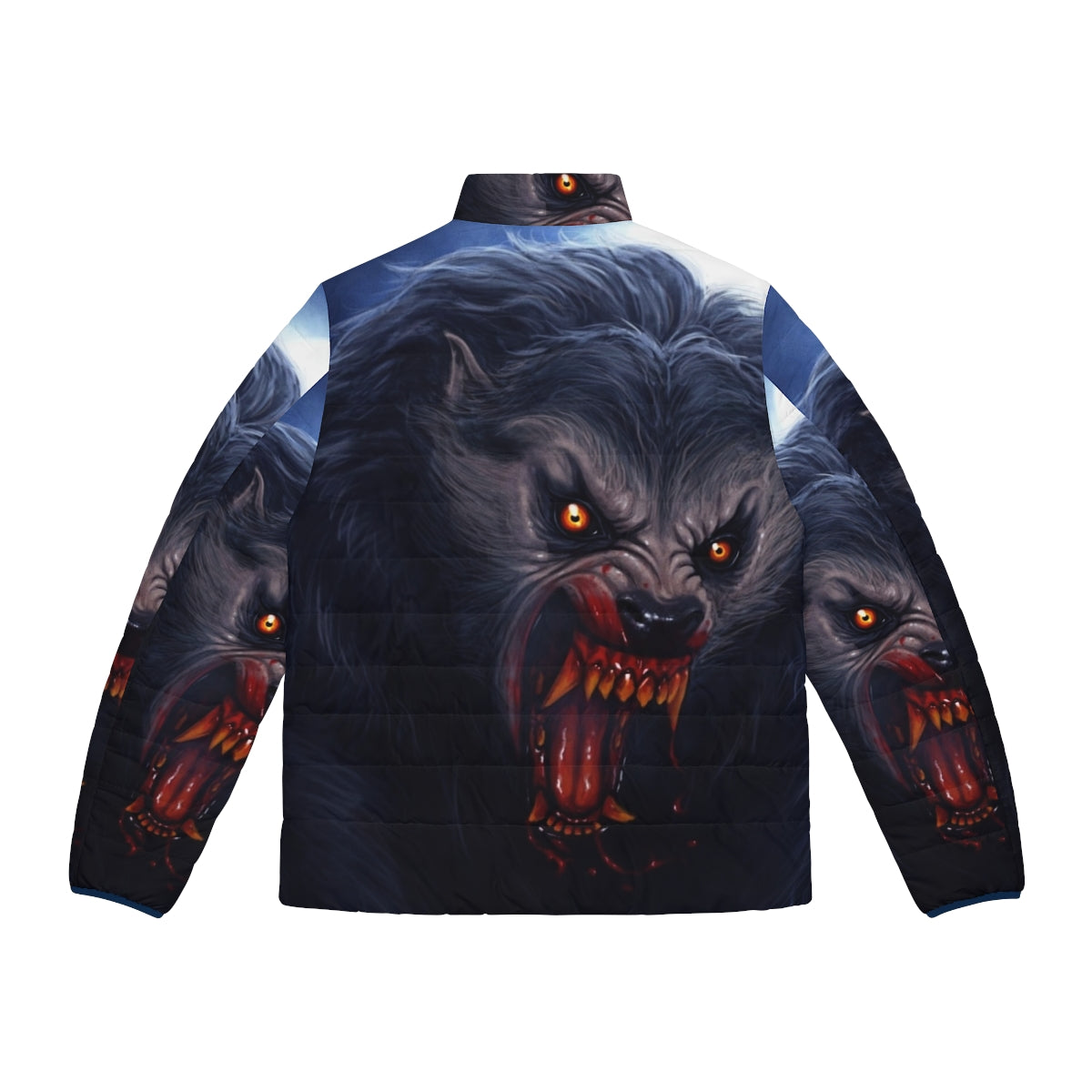 Beware the Moon Puffer Jacket featuring a classic werewolf design - Back