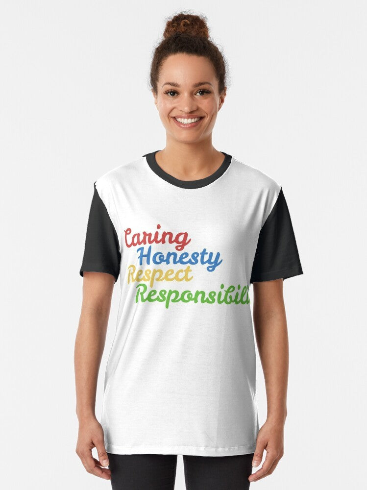 YMCA Core Values Graphic T-Shirt featuring the words "caring, honesty, respect, responsibility" - Women