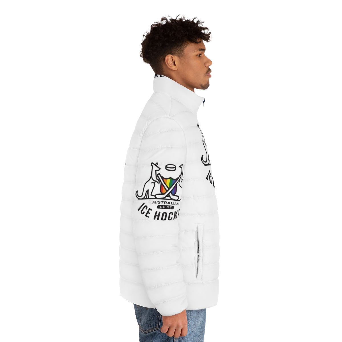 LGBTQ+ Australian Ice Hockey Puffer Jacket with focus keyword 'lgbtq puffer jacket' - men side right