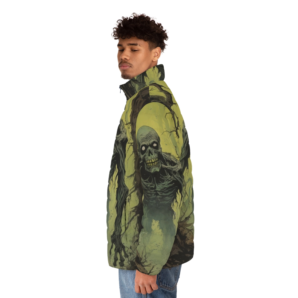 Zombie Stalker puffer jacket with haunted forest and creepy skeleton design - men side left