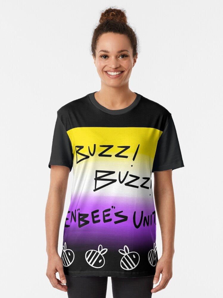 A graphic t-shirt featuring the text "EnBees Unite!" with a rainbow and bees, celebrating transgender and non-binary identities. - Women