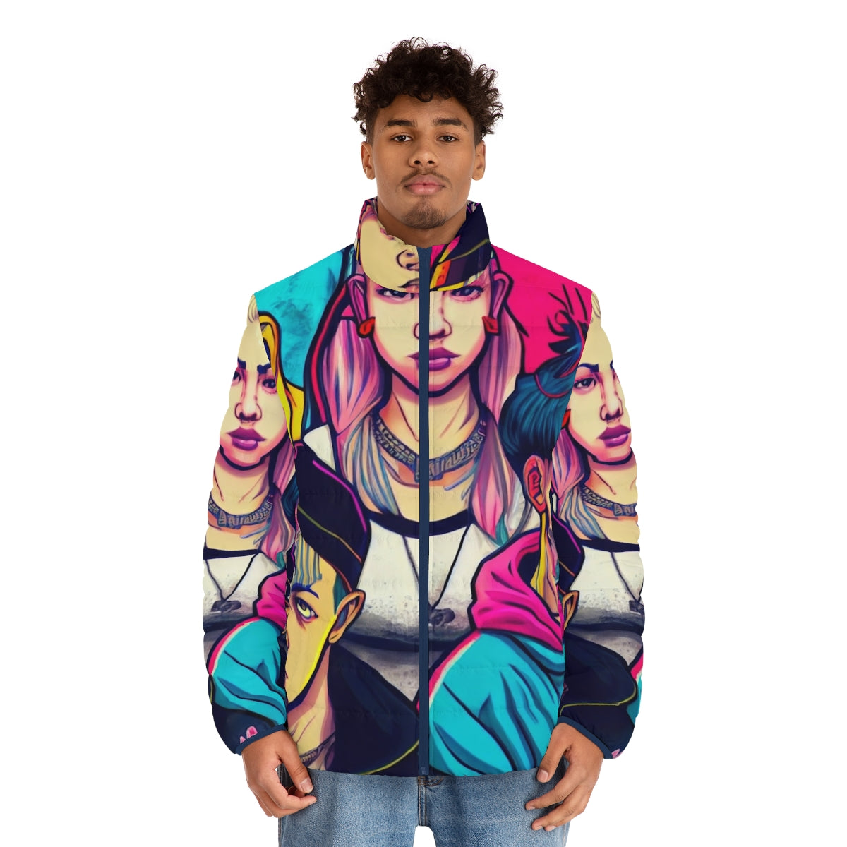 Young Royals inspired cyberpunk manga style puffer jacket - men front