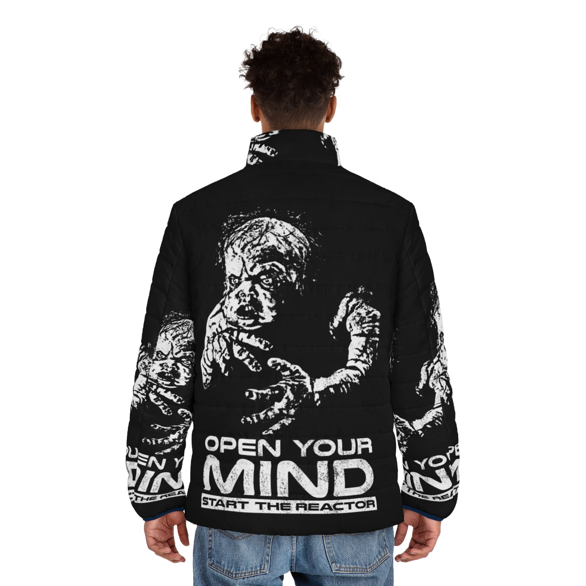 Open Your Mind Retro Puffer Jacket with Futuristic Design - men back