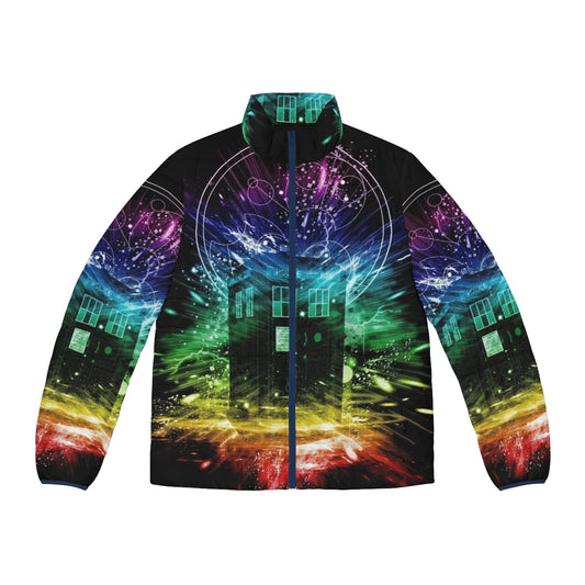 Time Storm Rainbow Puffer Jacket with Doctor Who inspired design