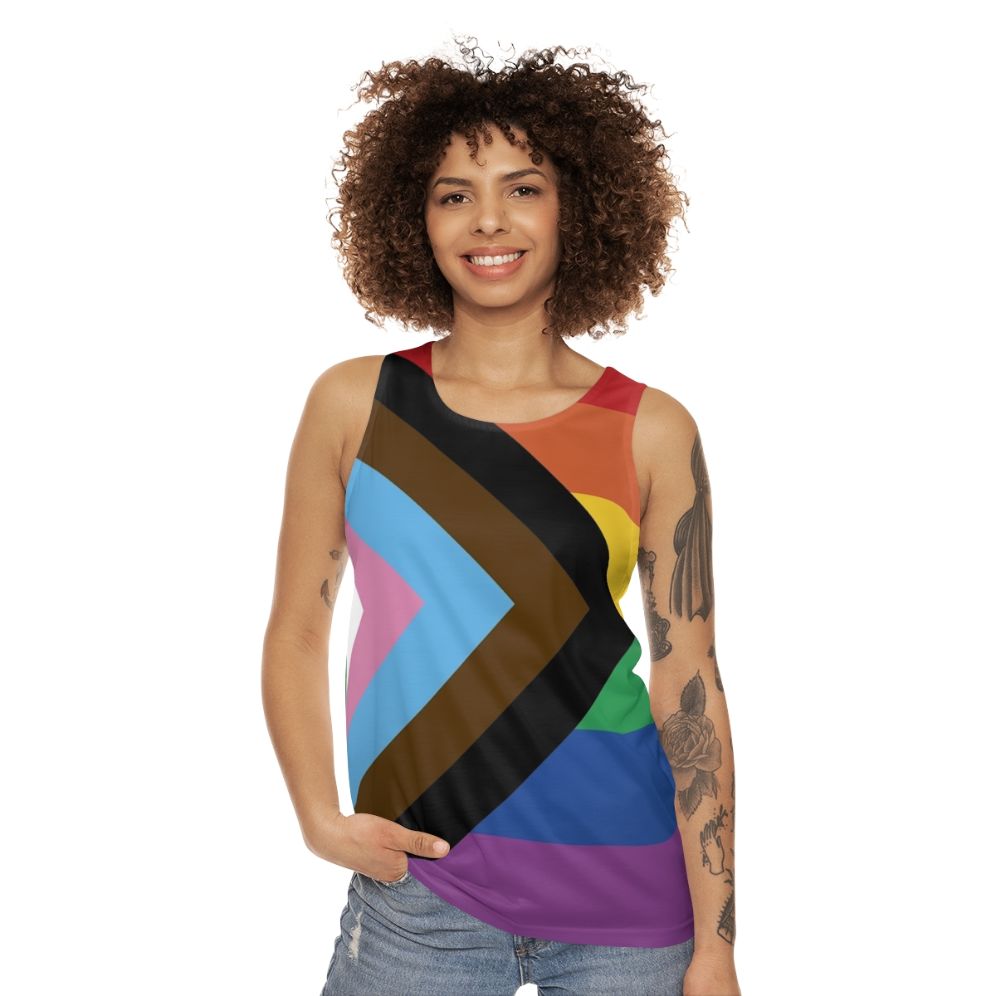 Unisex tank top with progress pride flag design - women