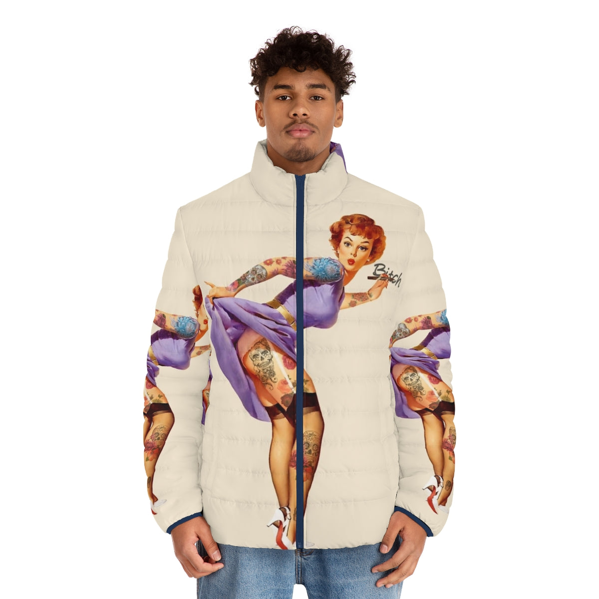 Redhead woman wearing a retro pinup style puffer jacket with floral and tattoo designs - men front