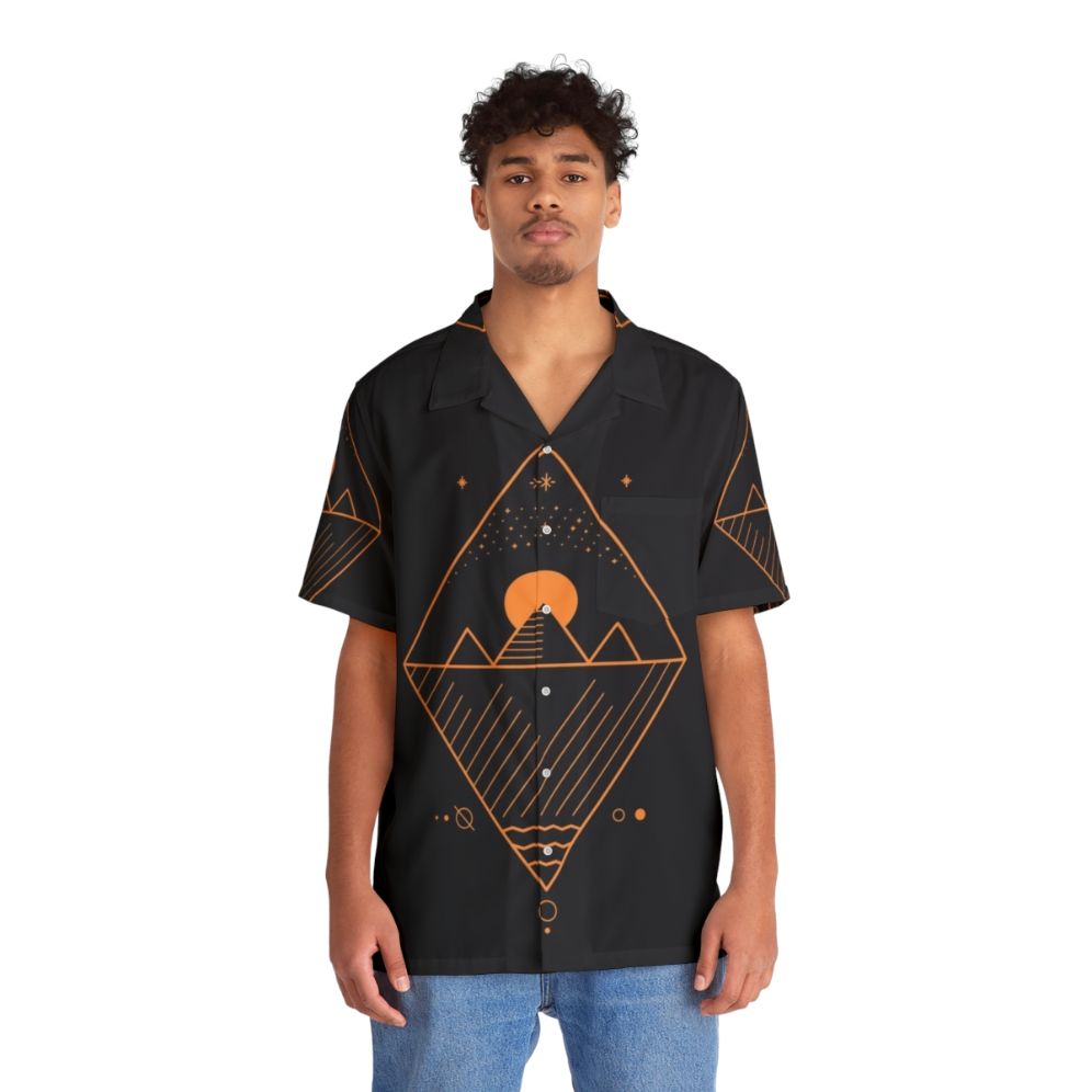 Osiris minimalist sci-fi Hawaiian shirt with geometric patterns and space motifs - People Front