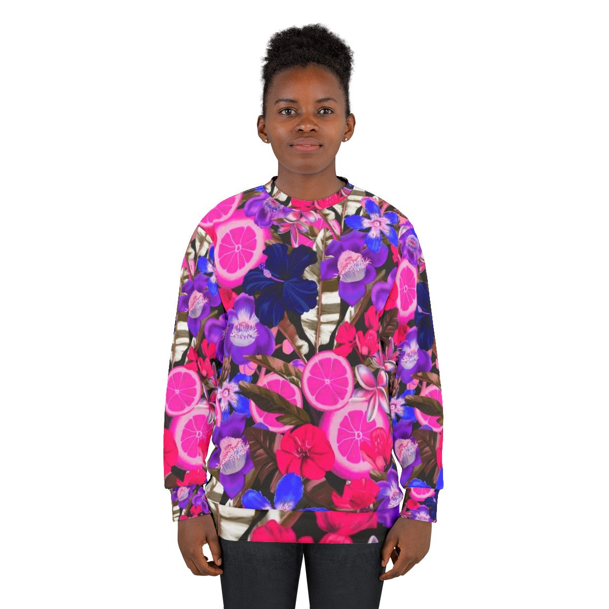 Blue sweatshirt with a colorful botanical and floral pattern - women