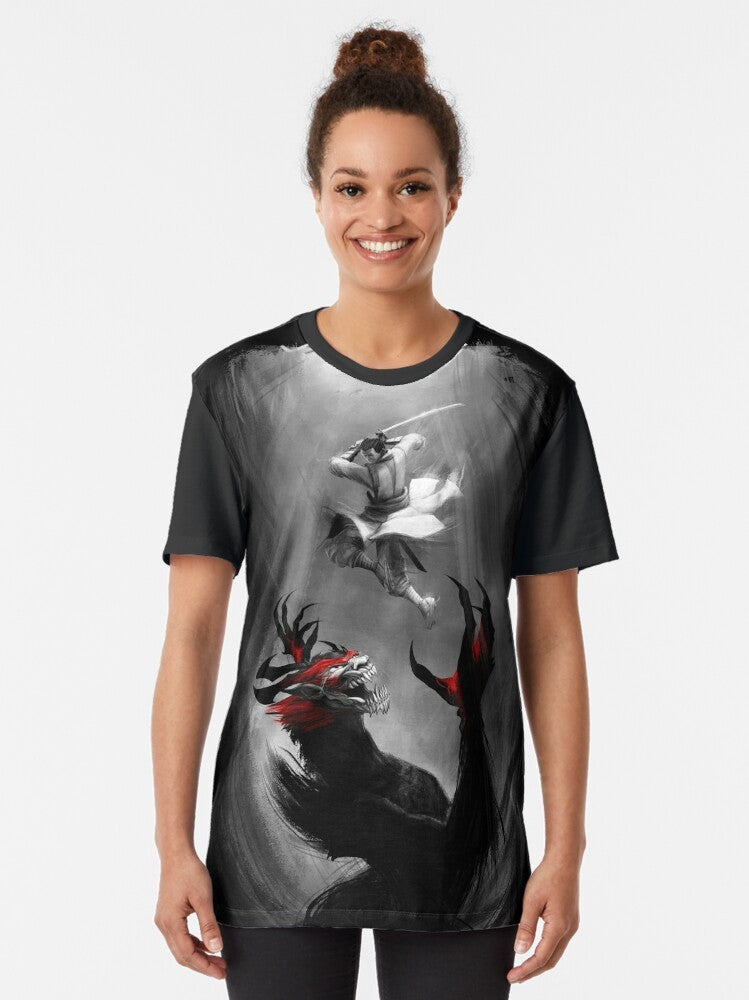 Samurai Jack Showdown Graphic T-Shirt featuring a battle between Samurai Jack and the demon Aku - Women