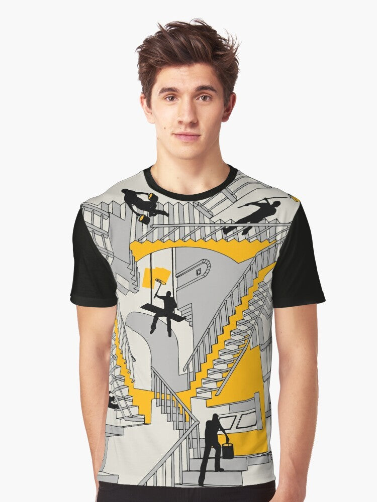 A surreal and dimensional graphic t-shirt design featuring architectural elements, home improvement themes, and a geometric, impossible structure. - Men