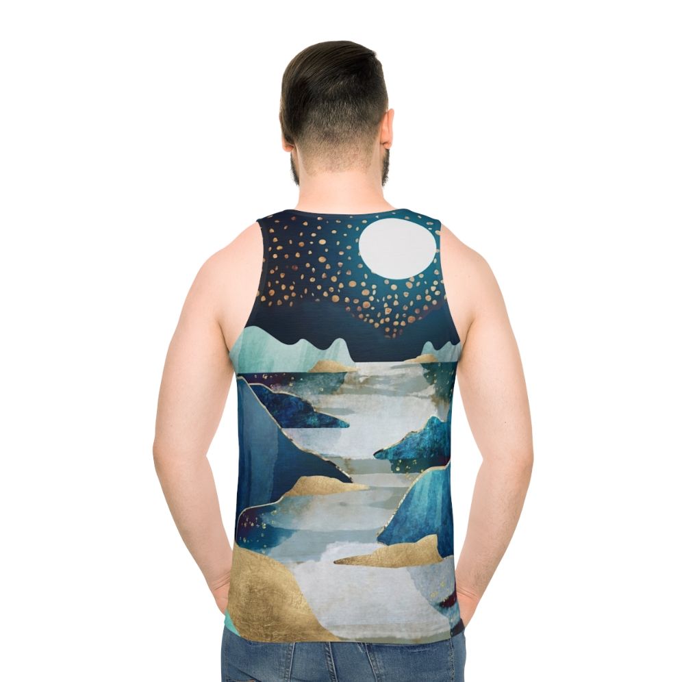 Unisex tank top with a moon glow celestial design - men back