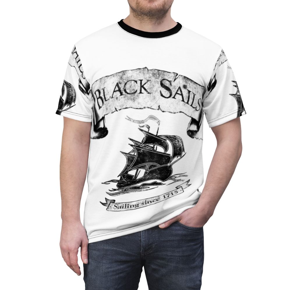 A black t-shirt with the Black Sails logo and "Sailing Since 1715" design, inspired by the popular TV series. - men front