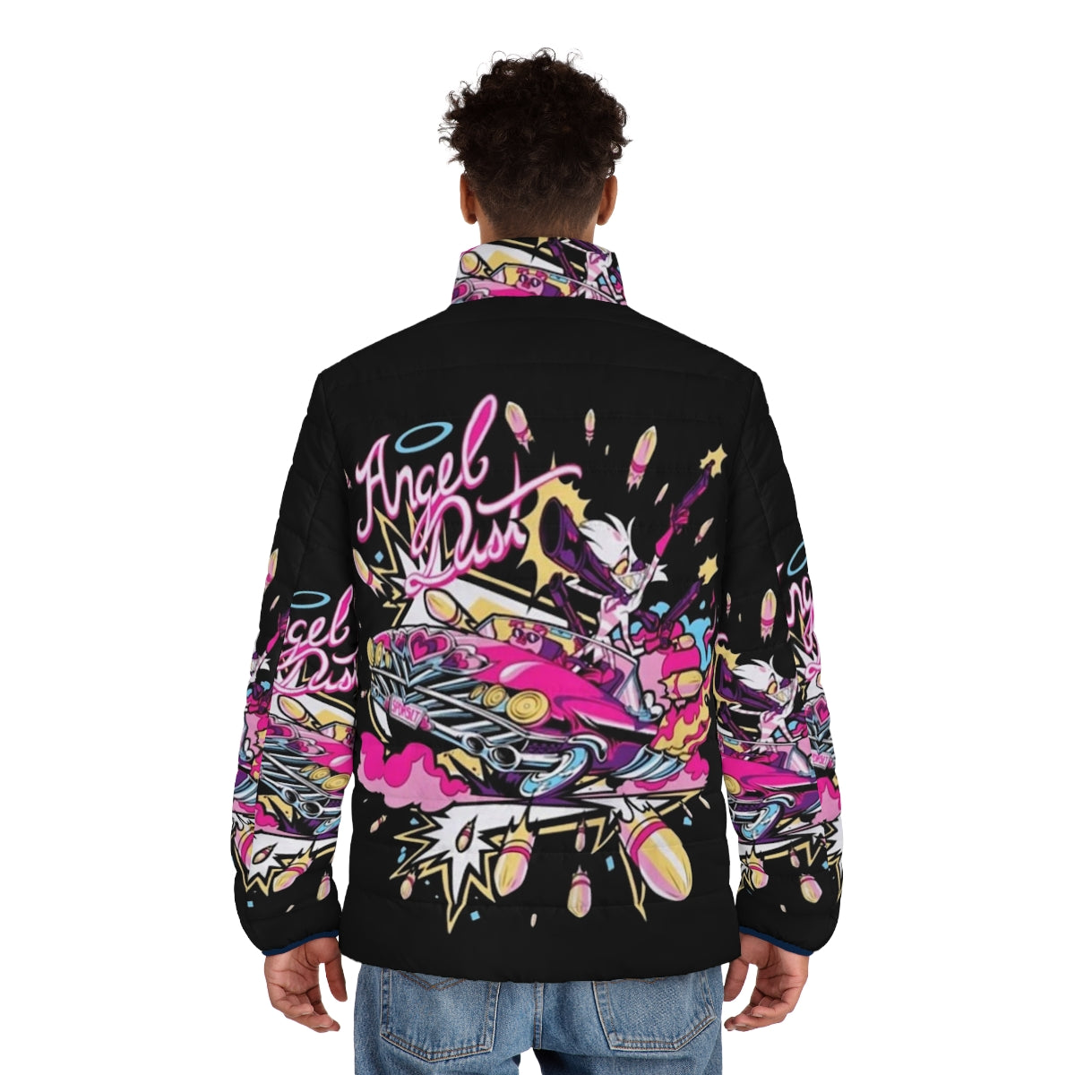 Hazbin Hotel Angel Dust Puffer Jacket with Anime-Inspired Design - men back