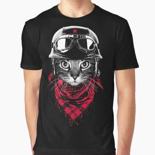 Adventurer cat graphic t-shirt featuring a cute cat in an adventure-themed design