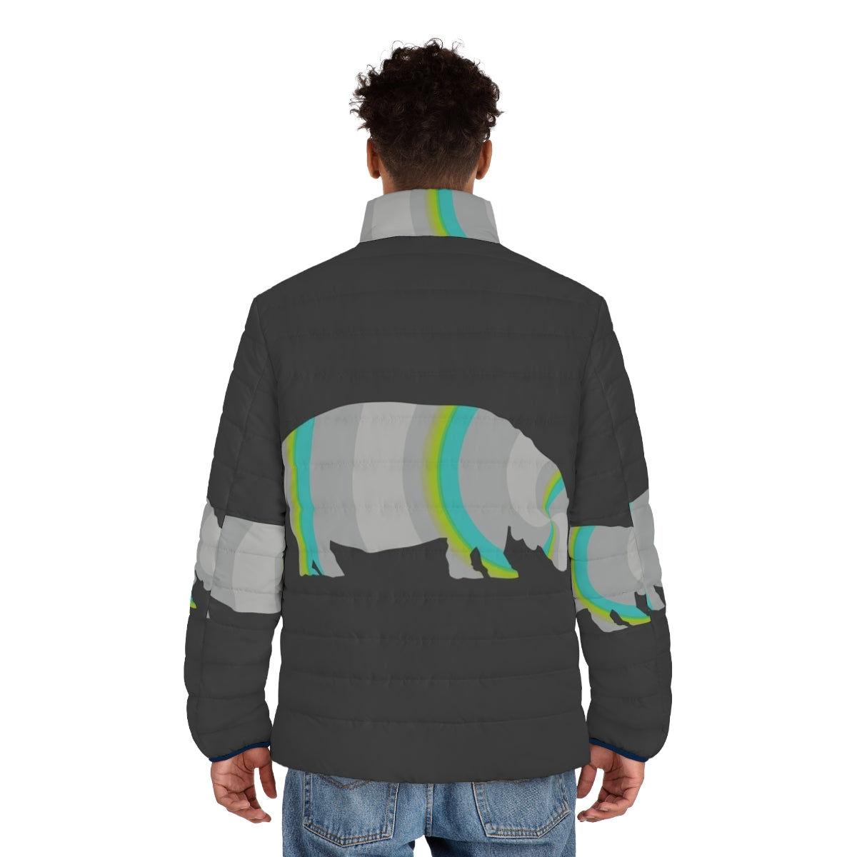 Legendary Hippo Puffer Jacket with Vibrant Animal Art Design - men back