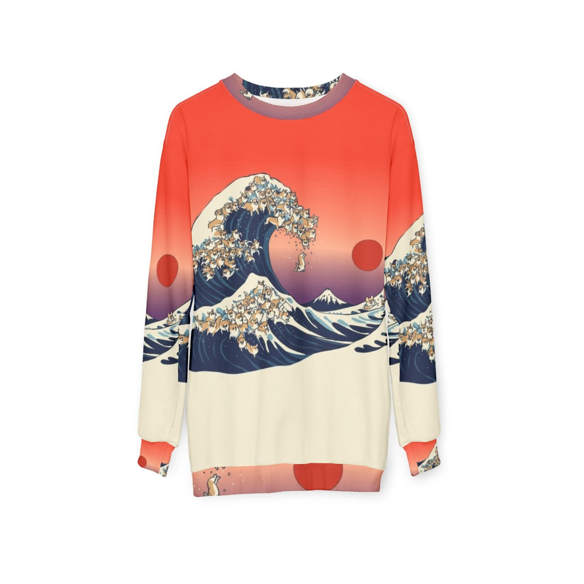 Corgis surfing in the Great Wave of Kanagawa inspired sweatshirt - hanging