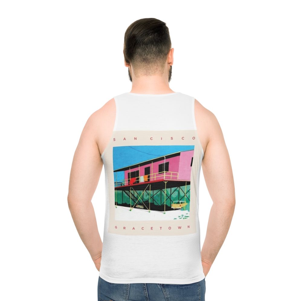 Unisex tank top with San Cisco's Gracetown album cover design - men back