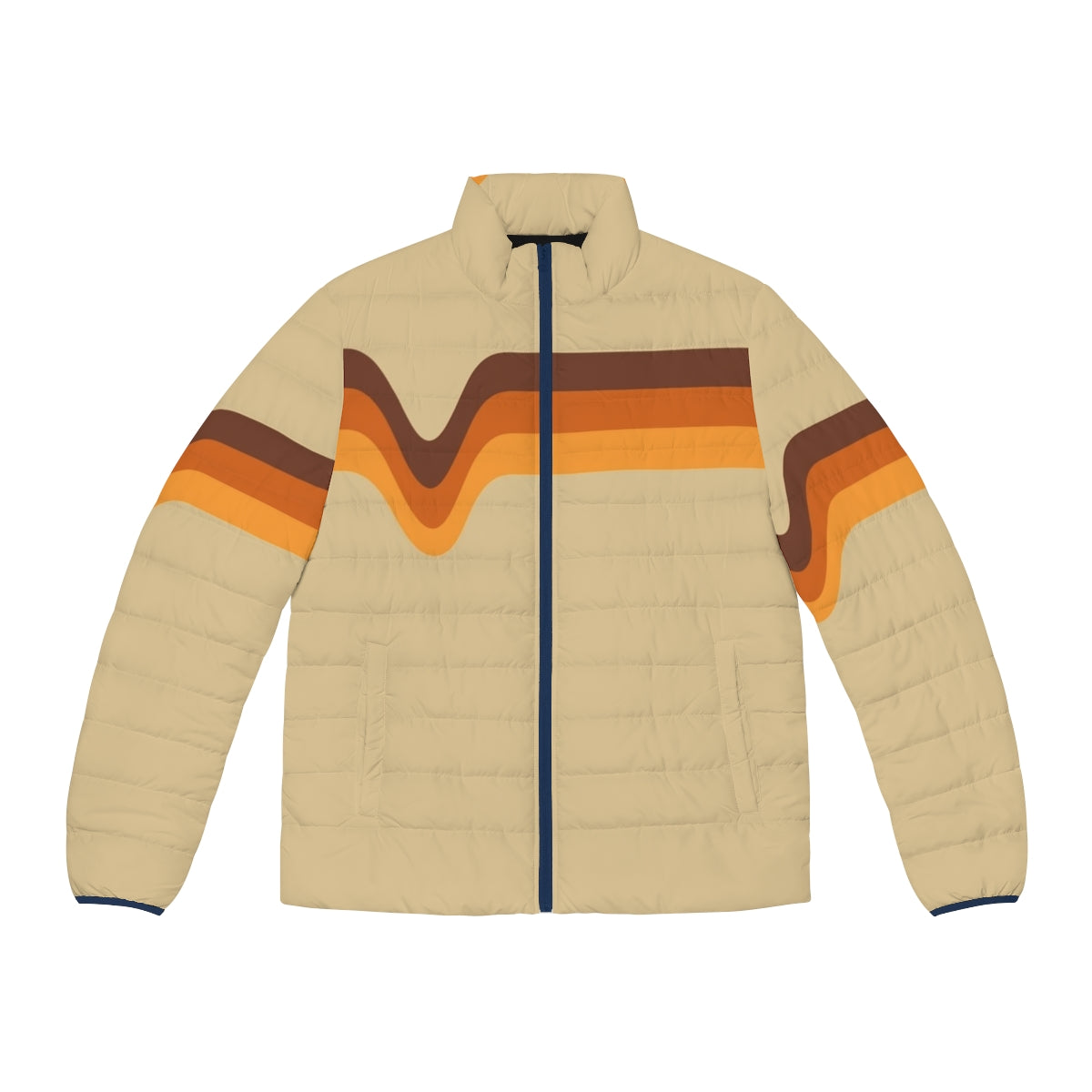 Retro 1970s puffer jacket with brown, orange and yellow chevron stripes