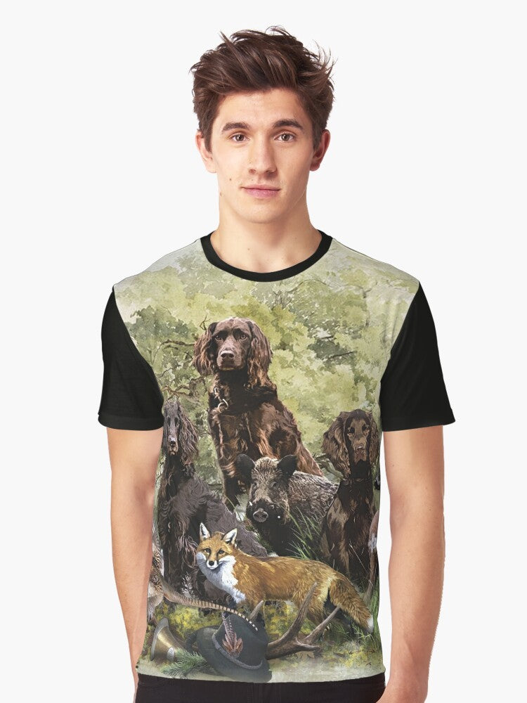 Graphic t-shirt featuring a Wachtelhund (German Spaniel), a versatile hunting dog breed. - Men