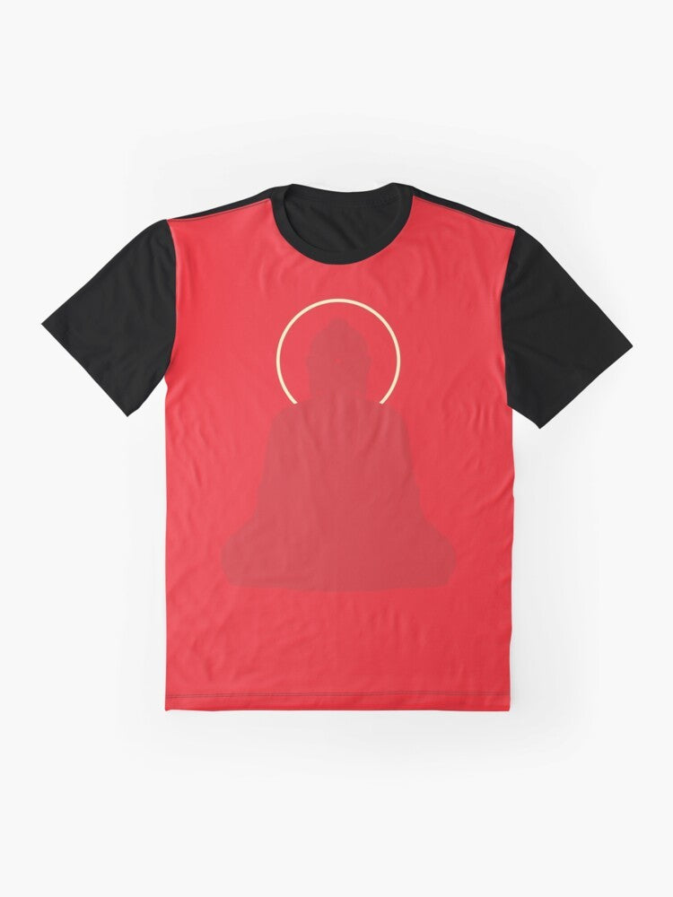 Minimalist Amitabha Buddha print on a graphic t-shirt - Flat lay