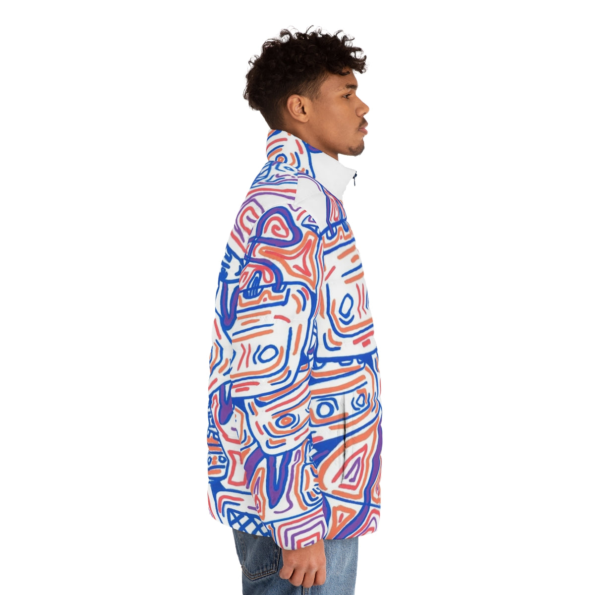 Sikes Tapes Puffer Jacket featuring a graphic design of purple and orange cassette tapes and graffiti-inspired elements - men side right