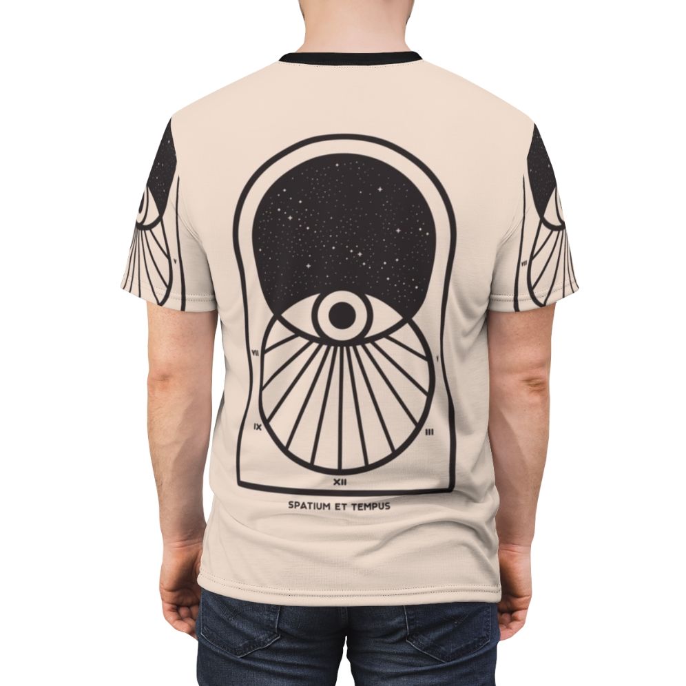 Minimalist graphic t-shirt design featuring space, time, and cosmic elements in a black and white, geometric style. - men back