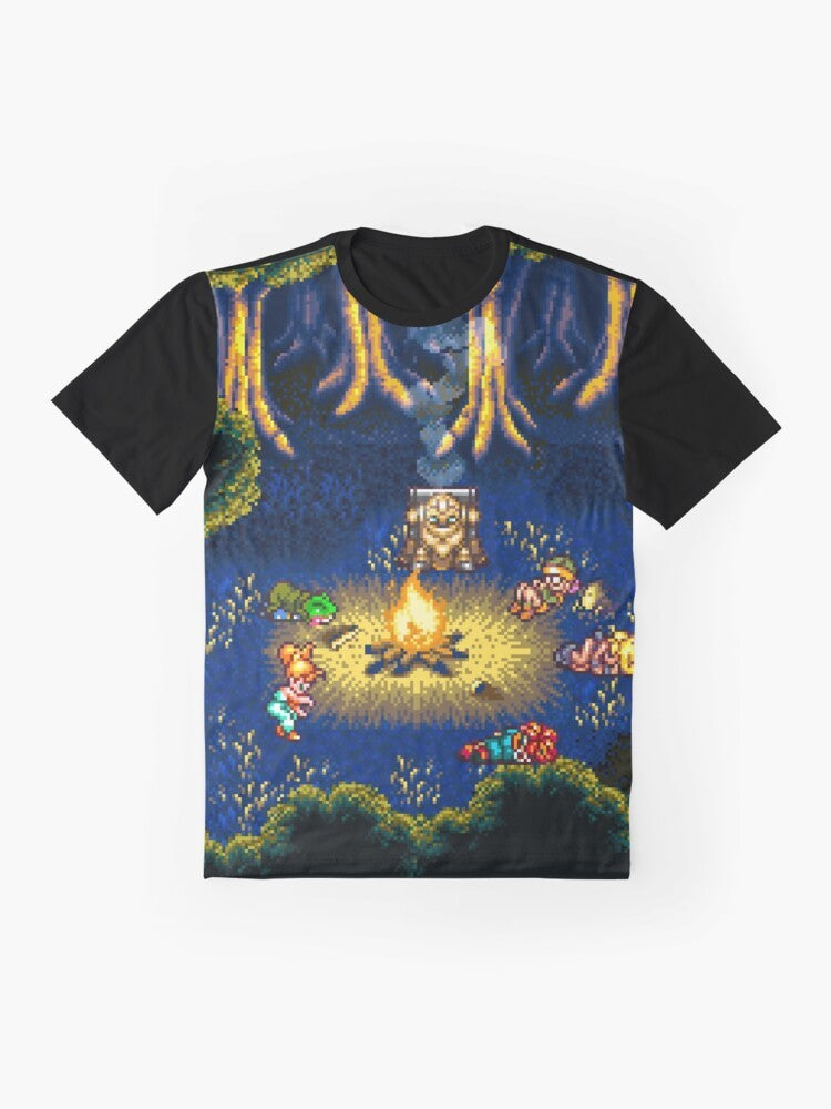 Chrono Trigger retro pixel art graphic t-shirt featuring a campfire scene with iconic characters from the classic SNES RPG game. - Flat lay