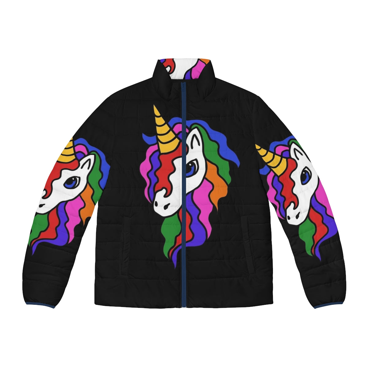 Colorful rainbow unicorn puffer jacket with a playful and whimsical design