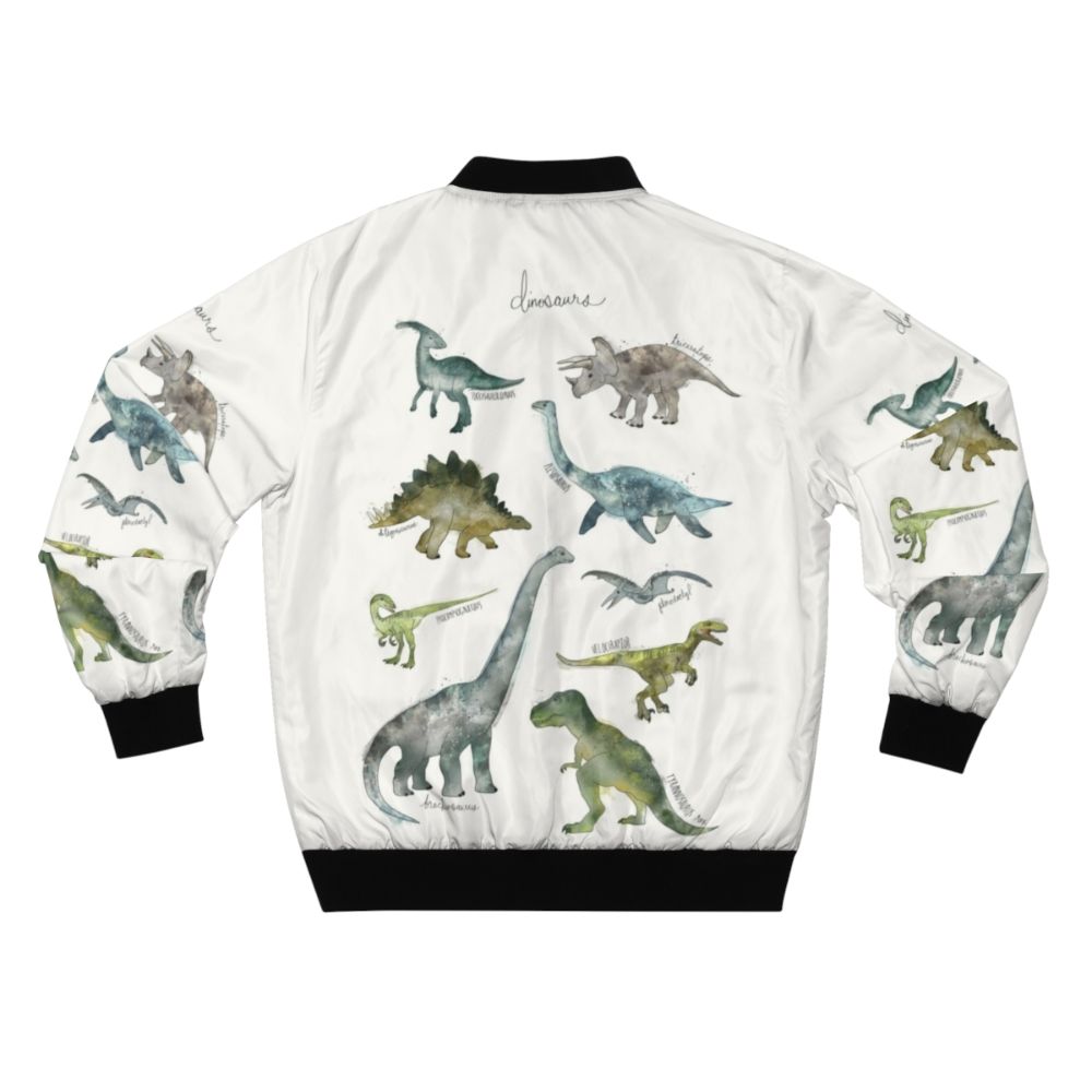 A stylish bomber jacket featuring a vibrant dinosaur design, perfect for nature and animal enthusiasts. - Back