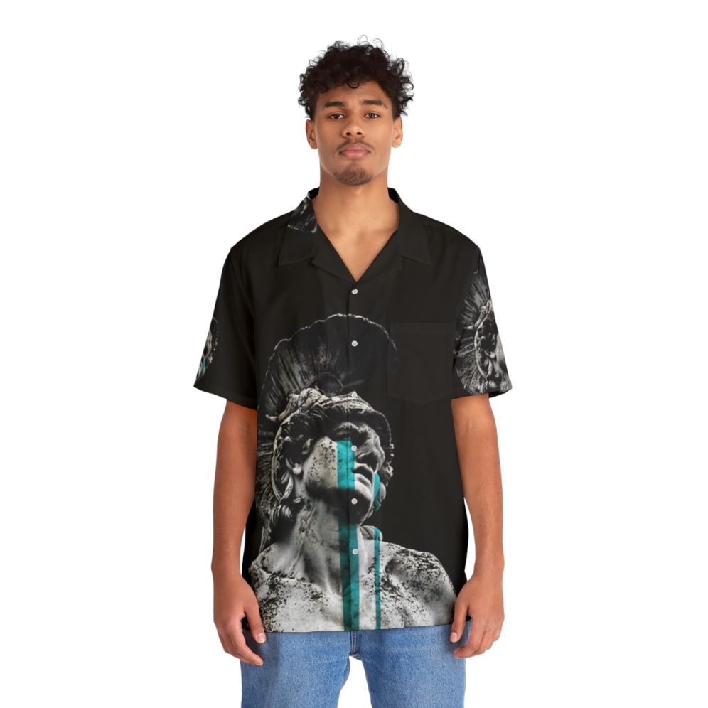 Digital painting of a Hawaiian shirt with a surreal collage of Achilles in tears - Lifestyle