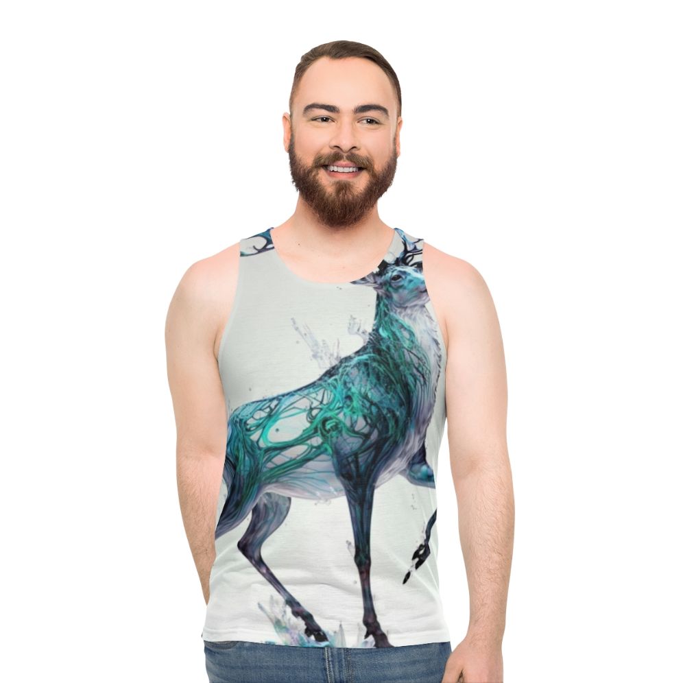 Unisex tank top with a holographic, prancing stag design - perfect for the holidays - men