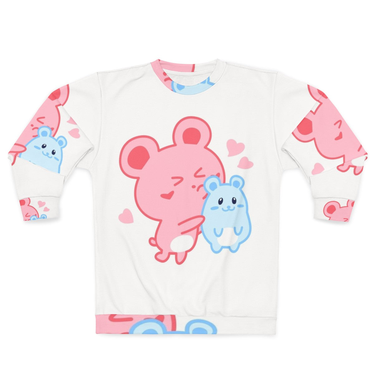 Two adorable hamsters printed on a pink and blue pastel sweatshirt