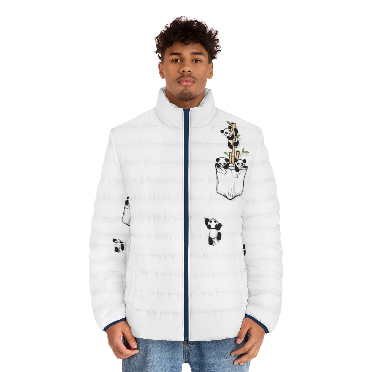 Pocket Pandas Puffer Jacket with adorable panda design - men front