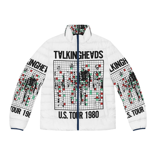 Talking Heads 1980 puffer jacket with band logo and 80s inspired design