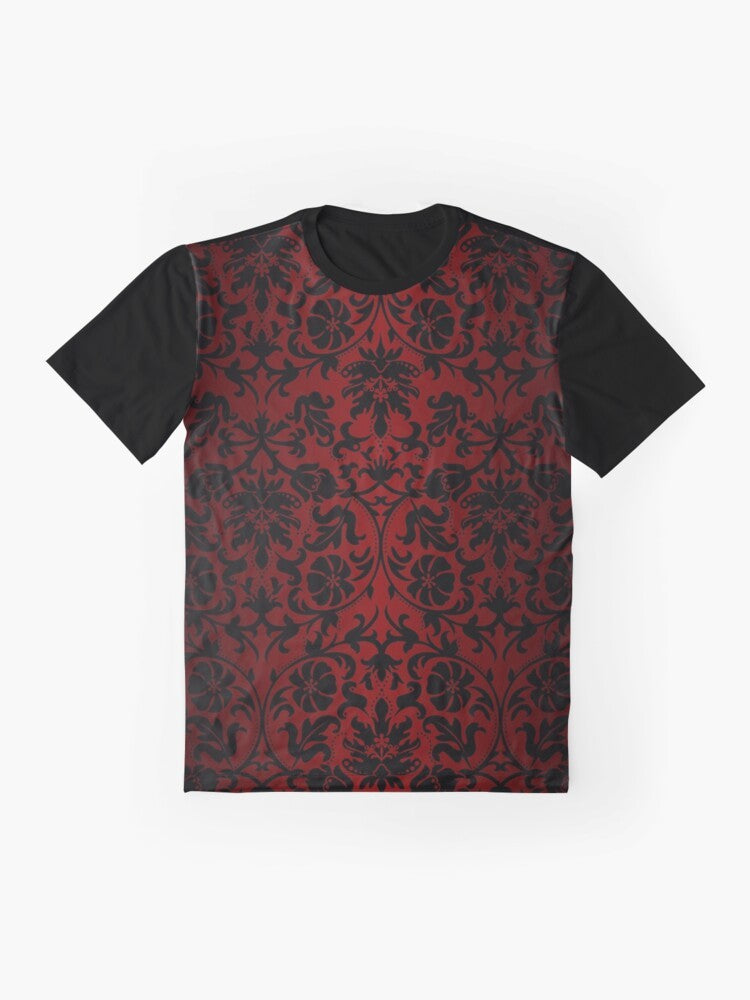 Dark red and black damask pattern graphic t-shirt - Flat lay