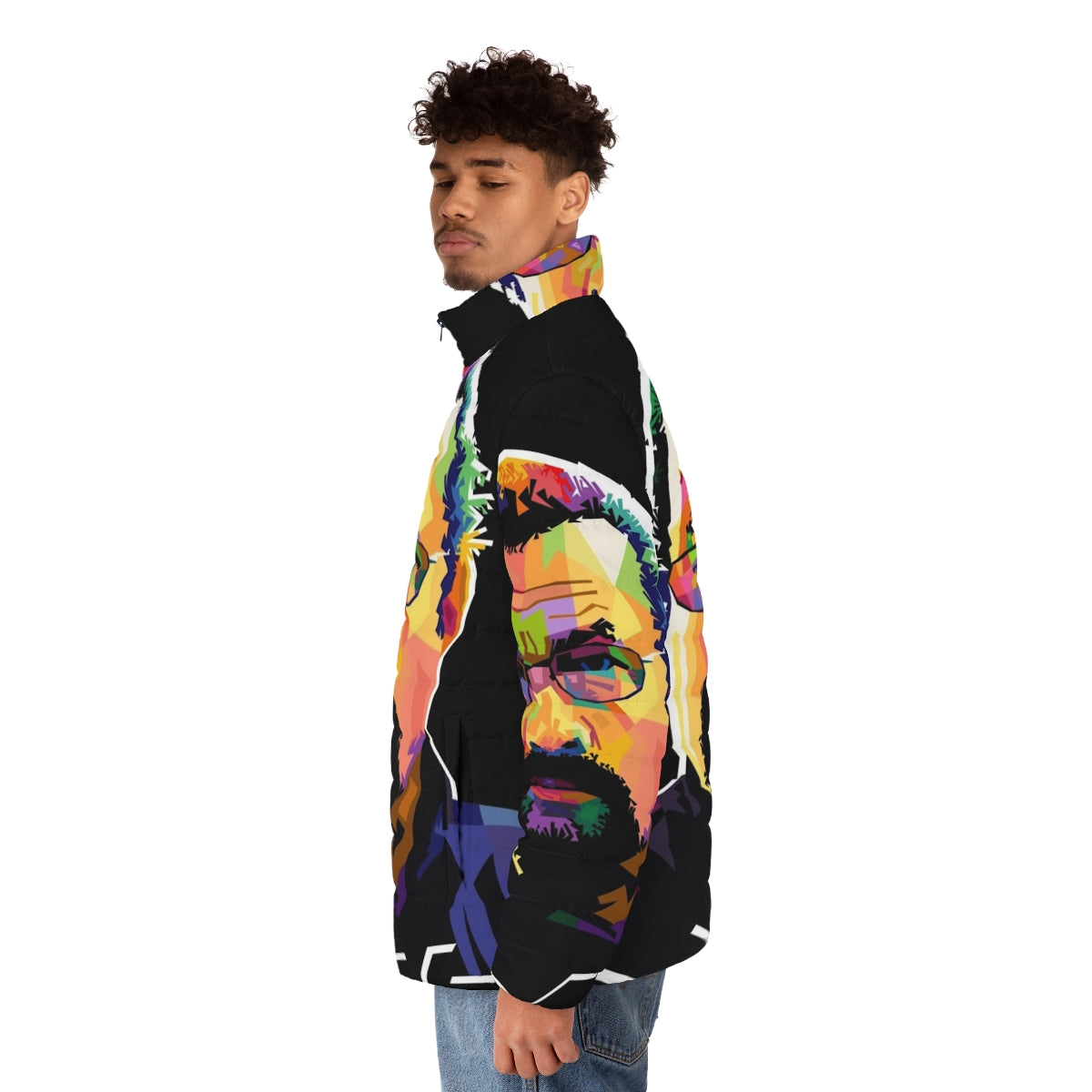 Steven Seagal in a vibrant pop art-inspired puffer jacket - men side left