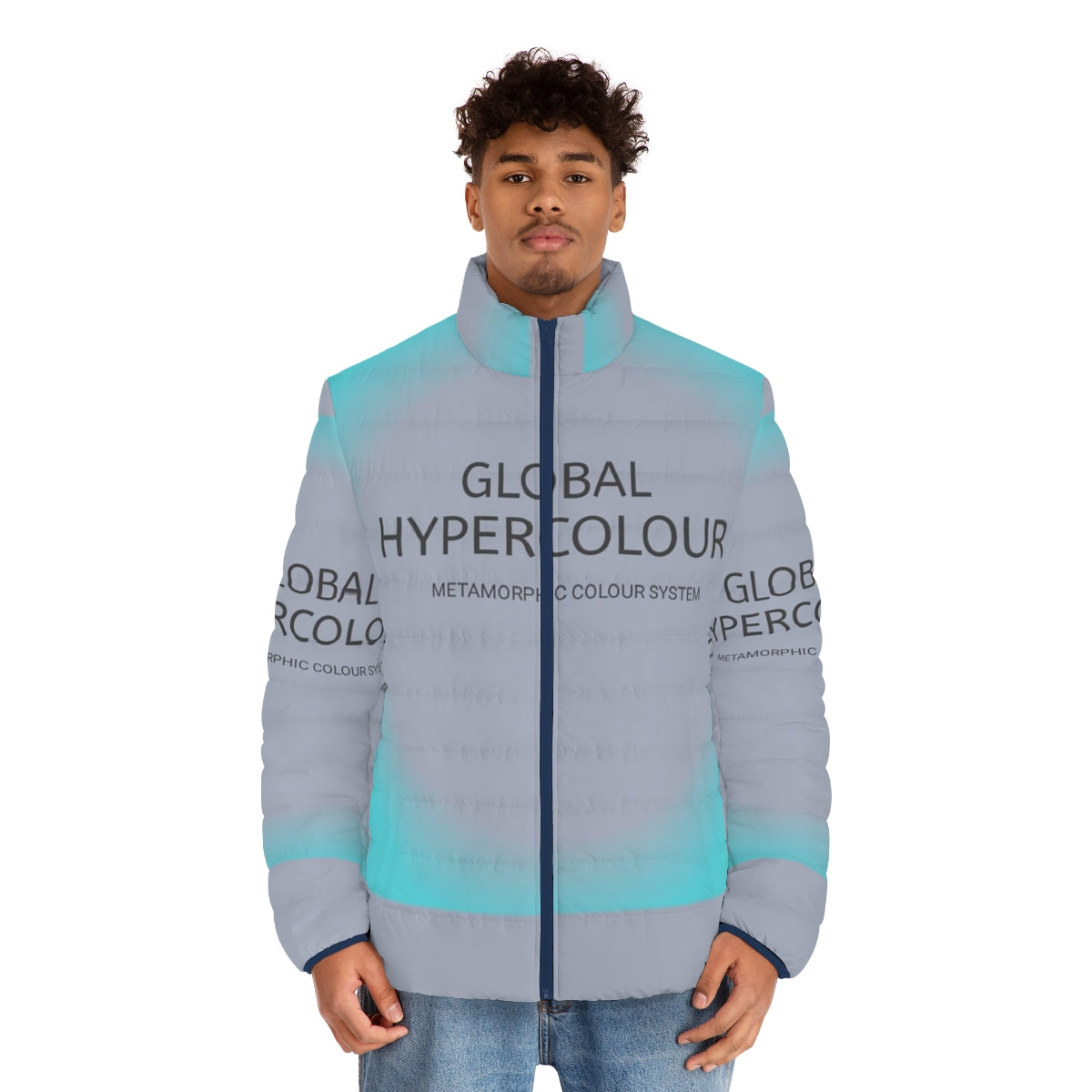 Colorful hypercolor puffer jacket with global design - men front