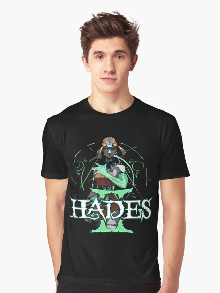 Hades II Melinoe Graphic T-Shirt featuring the logo and characters from the popular Greek mythology-inspired roguelike game - Men