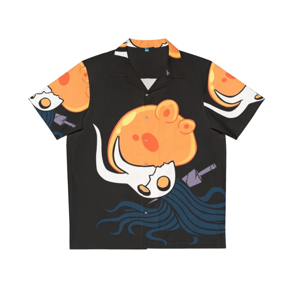 Hollow Knight Broken Vessel minimal vector design on a tropical Hawaiian shirt