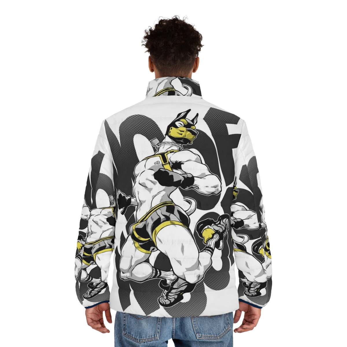 Stylish puffer jacket with a dog-themed design, perfect for LGBTQ+ fashion enthusiasts - men back