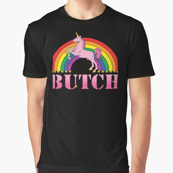 Butch Pride Graphic T-Shirt featuring a unicorn and rainbow design for the LGBTQ+ community