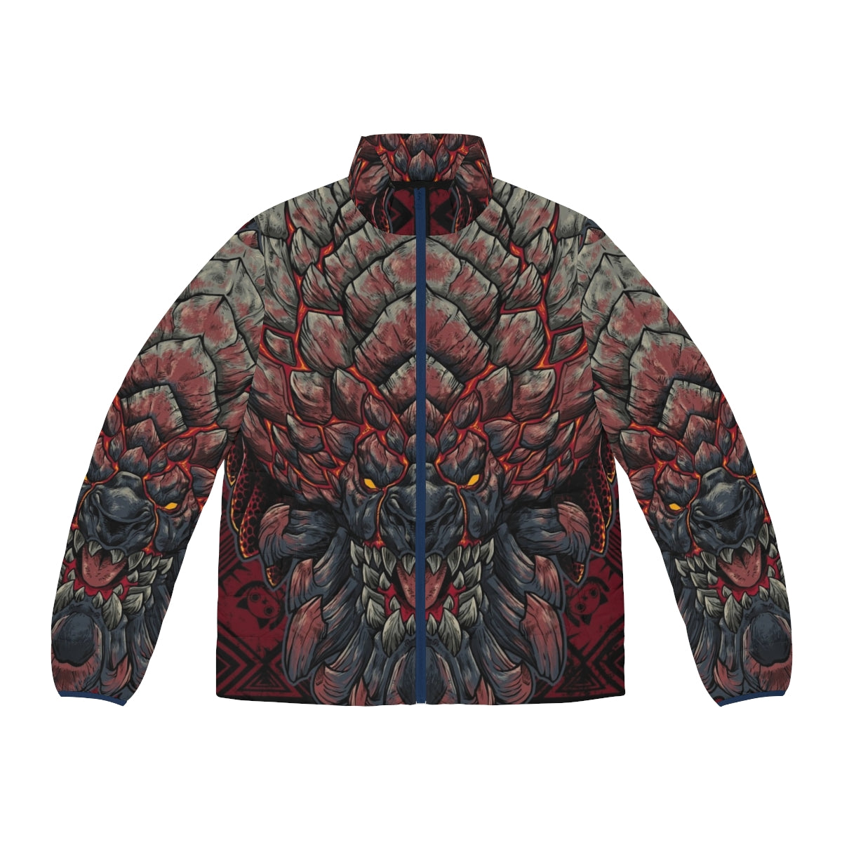 A warm and durable puffer jacket featuring the Bazelgeuse monster design, perfect for Monster Hunter fans.