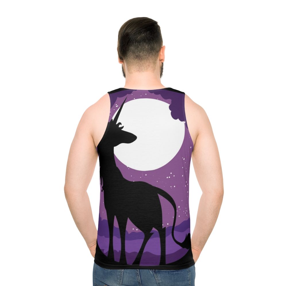 Unisex tank top with a unicorn in a moonlit forest design - men back